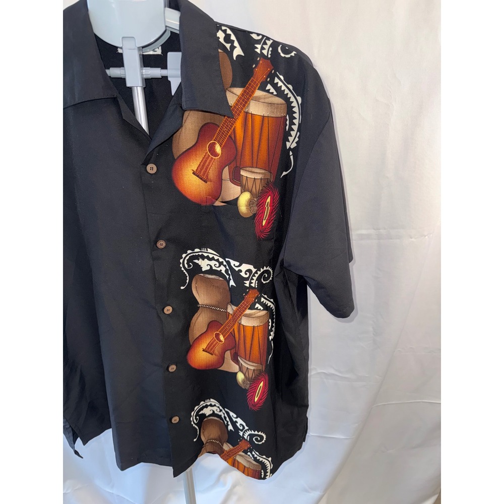 Makani Hawaii Mens Black Graphic Button Down Shirt Guitar Drum XL - Picture 2 of 5